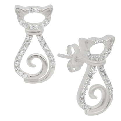 Sterling Silver Cat Earrings, Cubic Zirconia Studs, Push Back, Pet Lover Gift, Cat Jewelry