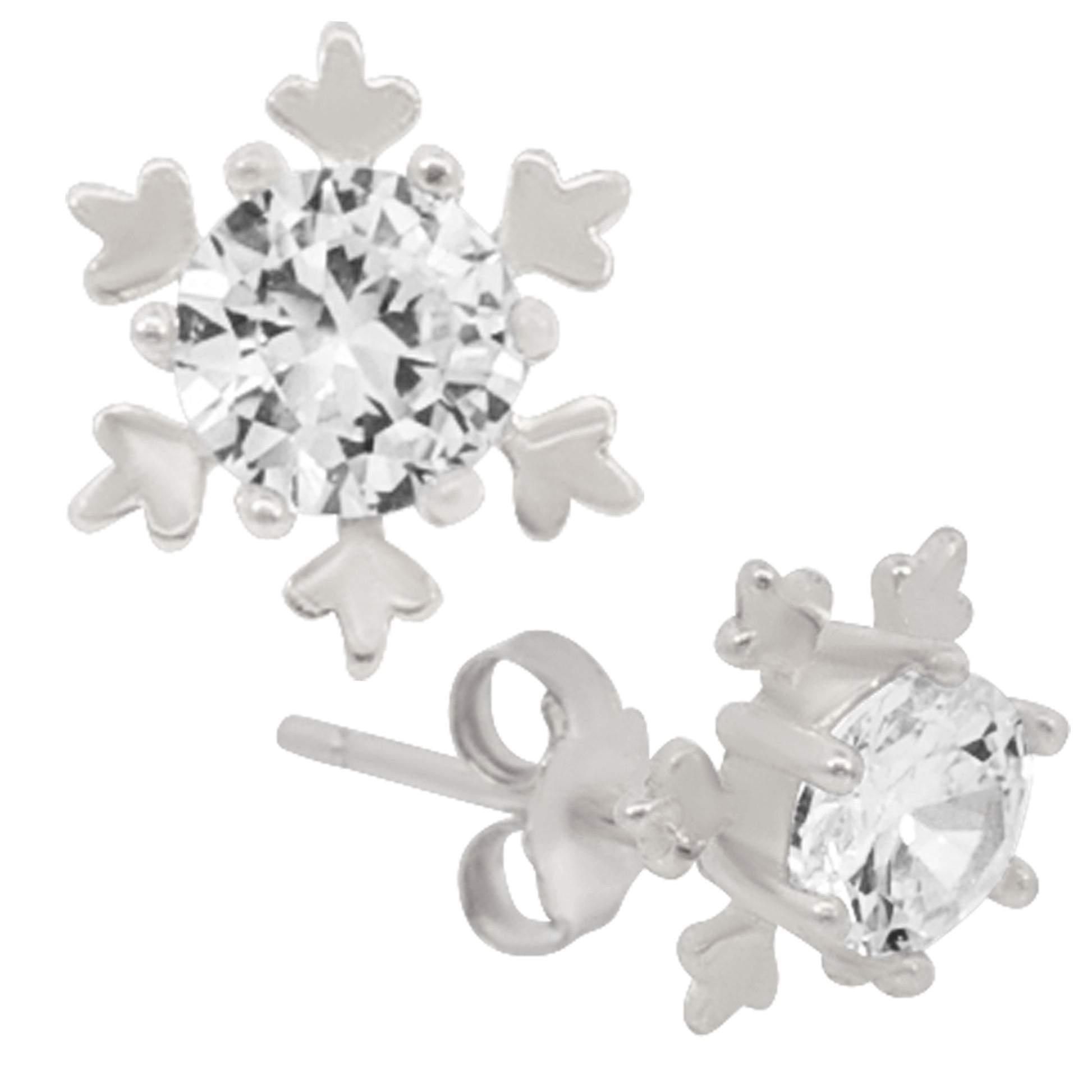 Snowflake CZ Stud Earrings, Sterling Silver, Push Backing, Winter Jewelry, Sparkling Accessories