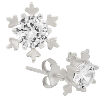 Snowflake CZ Stud Earrings, Sterling Silver, Push Backing, Winter Jewelry, Sparkling Accessories