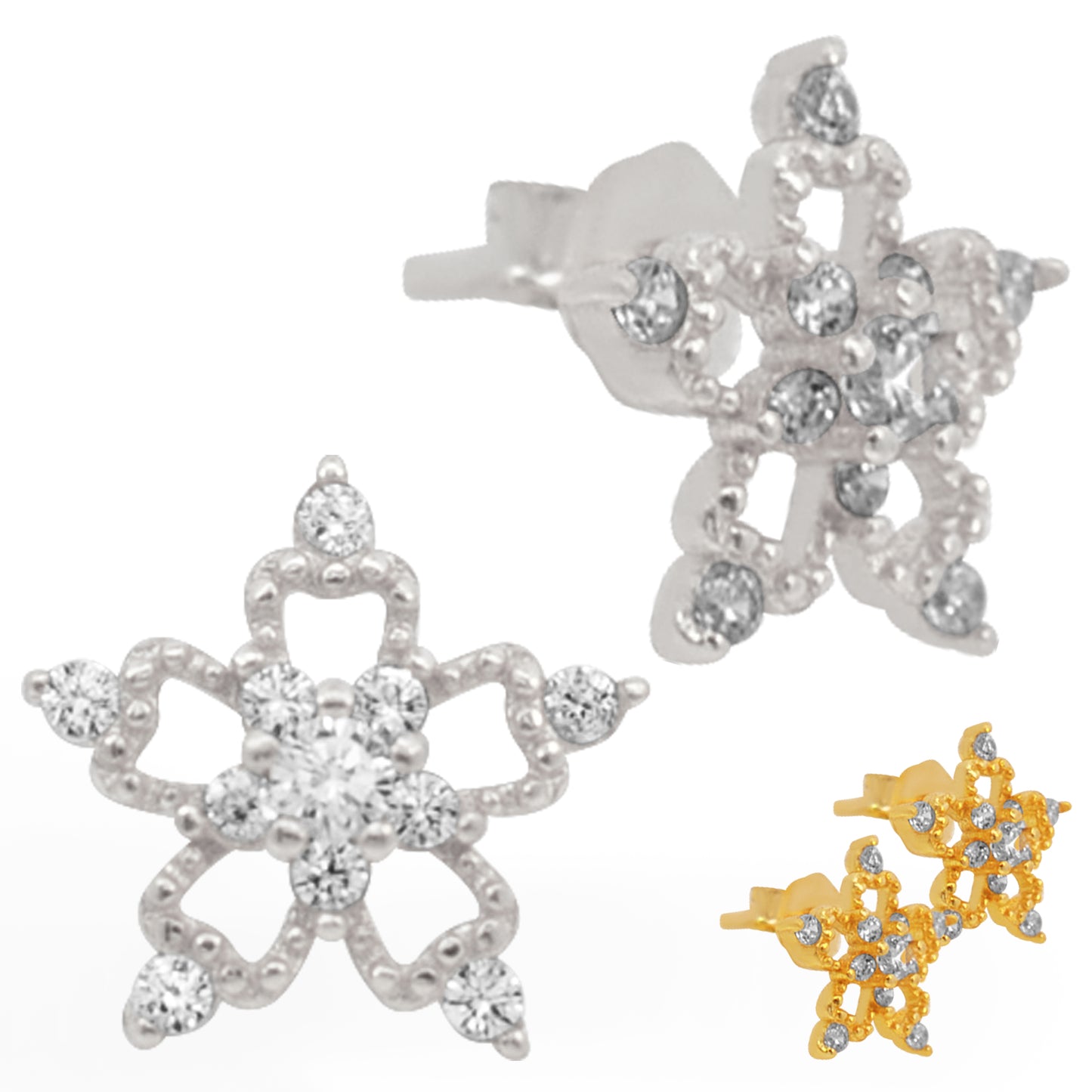 Nature Inspired Floral Stud Earrings, 925 Silver Star Flower, CZ Push Backing