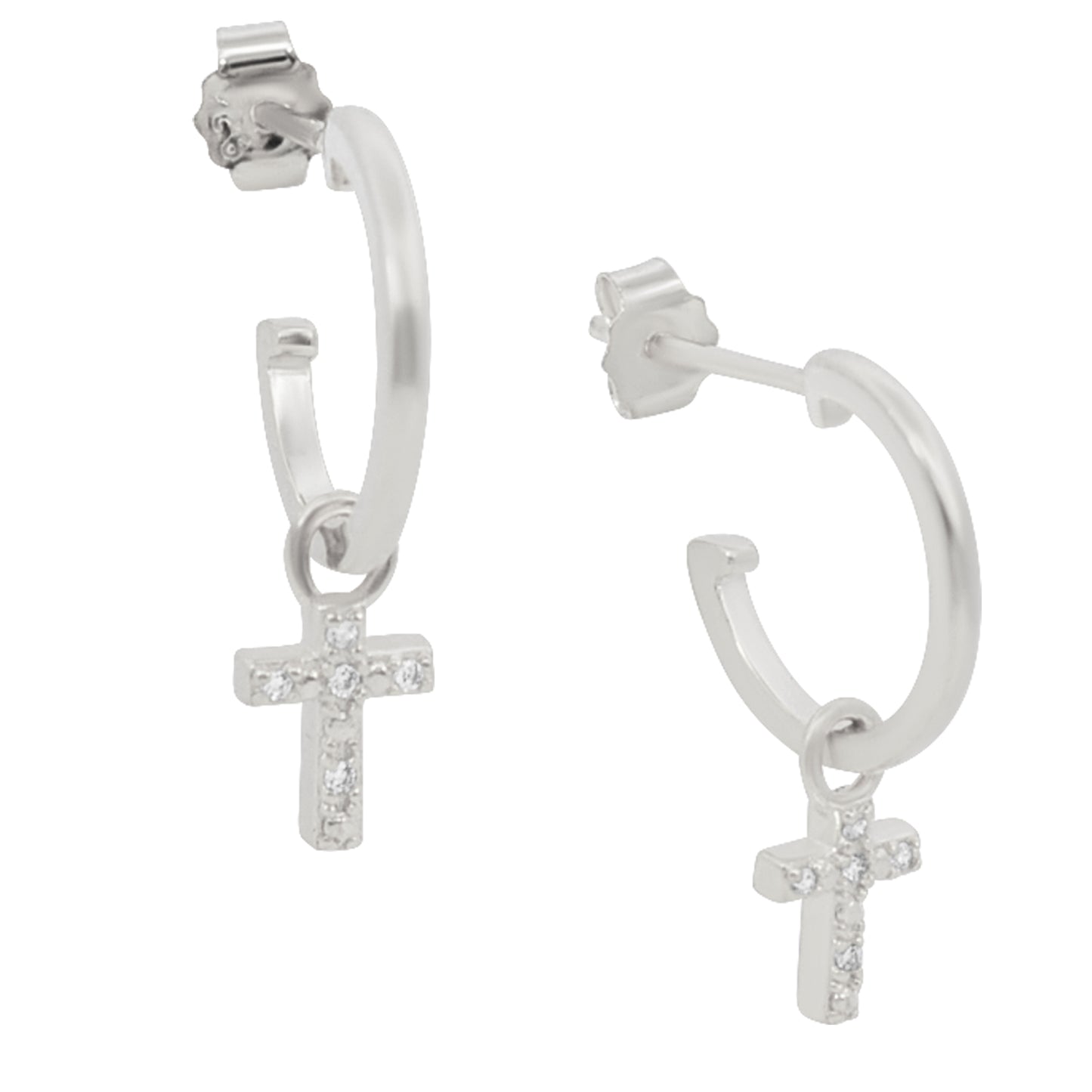 925 Silver Dangling Cross CZ Earrings, Half Hoop Design, Push Backing, Religious Jewelry