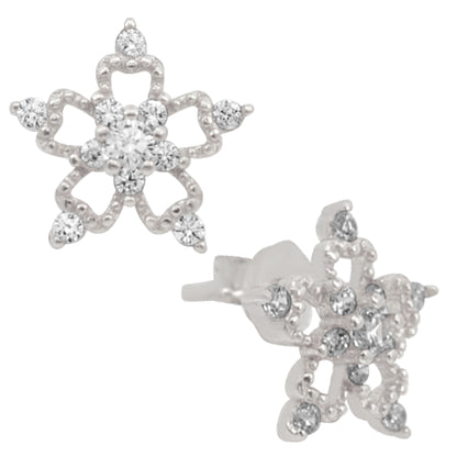 Nature Inspired Floral Stud Earrings, 925 Silver Star Flower, CZ Push Backing