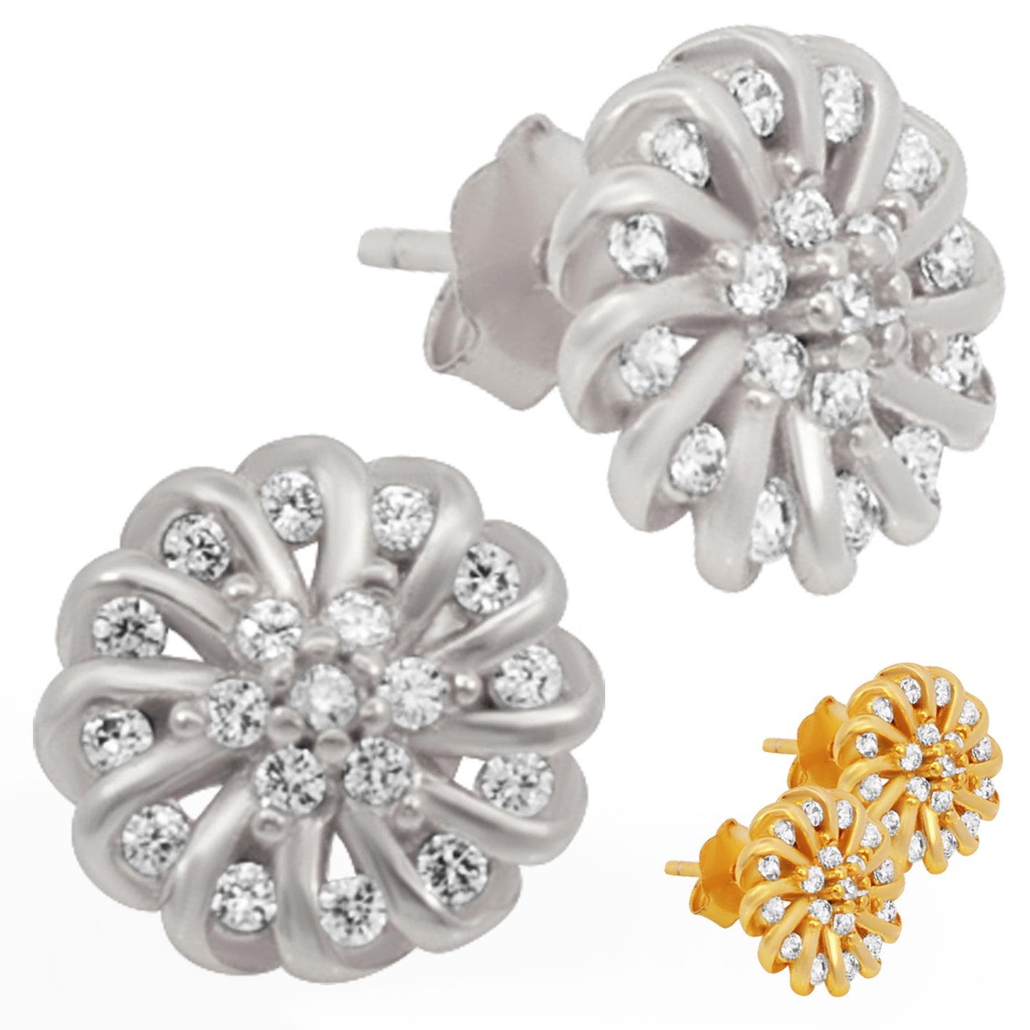 925 Sterling Silver Swirl Flower Design with Cubic Zirconia Earrings Stud Push Backing