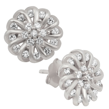 925 Sterling Silver Swirl Flower Design with Cubic Zirconia Earrings Stud Push Backing