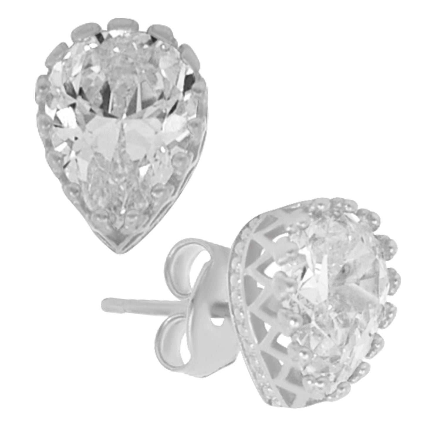 Sterling Silver Teardrop Crown CZ Earrings, Prong Studs, Push Backs