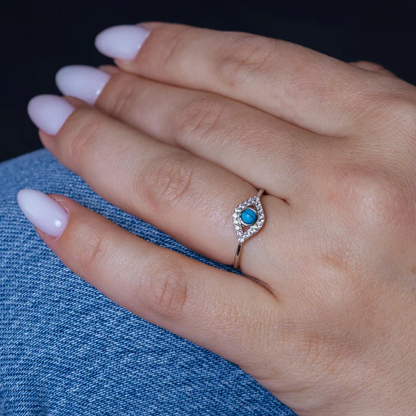 925 Sterling Silver Evil Eye Ring with CZ and Turquoise Bead Center