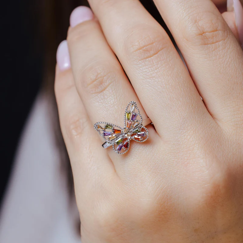 925 Sterling Silver Butterfly with Multi Color Baguette CZ Ring