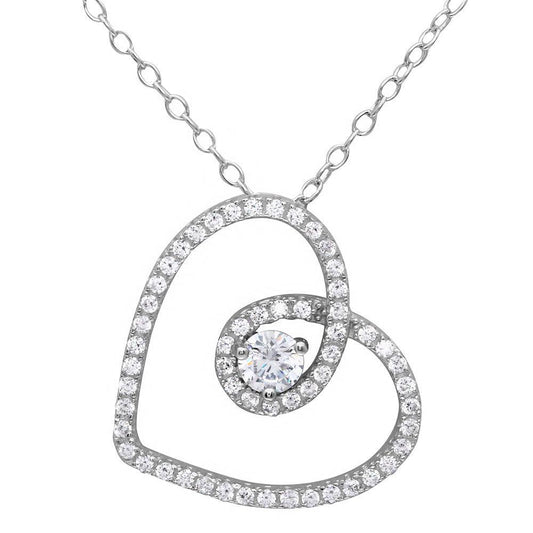 925 Sterling Silver CZ Studded Hollow Heart with Center CZ Stone Pendant Necklace