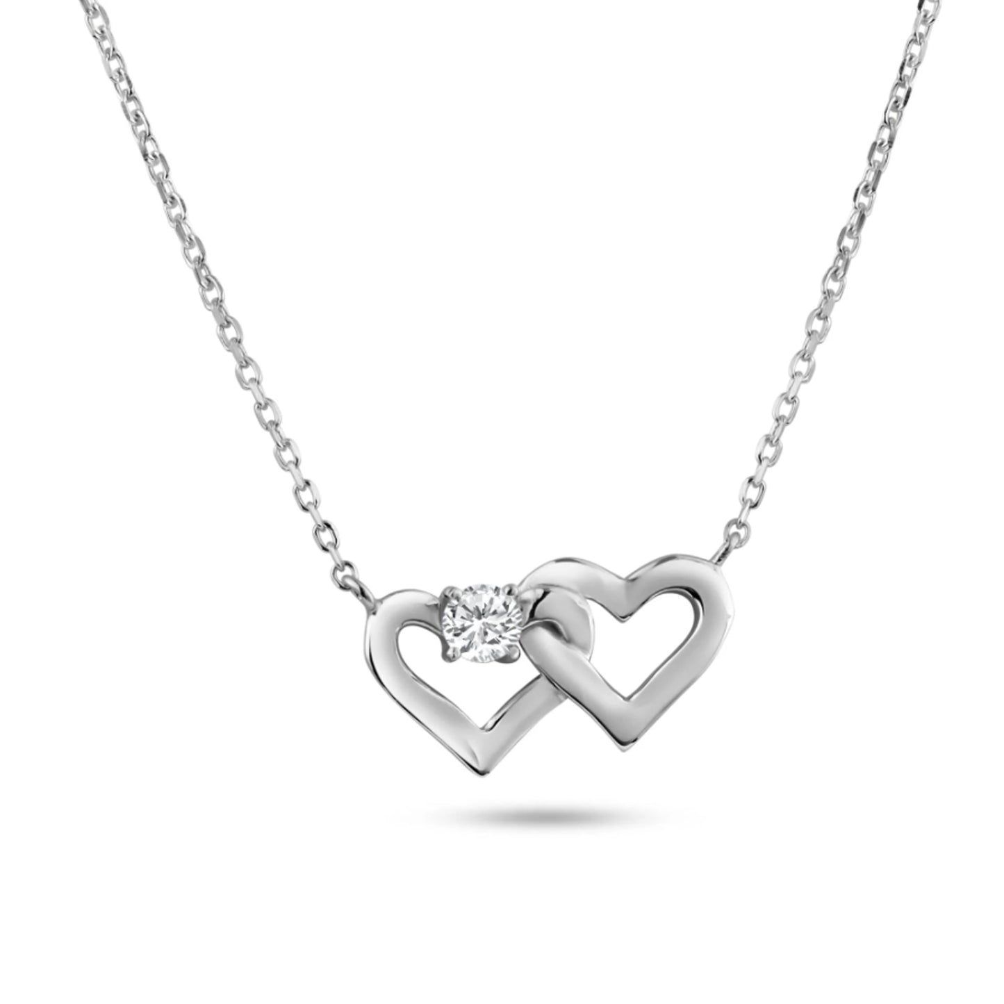 925 Sterling Silver Hollow Twin Hearts with Single CZ Accent Pendant Necklace