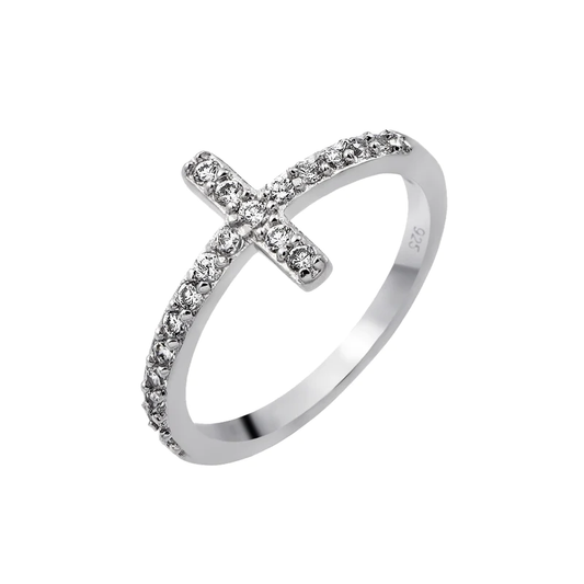 925 Sterling Silver CZ Studded Cross Ring