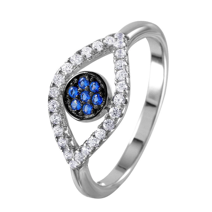 925 Sterling Silver Evil Eye Ring with Blue Center Stones