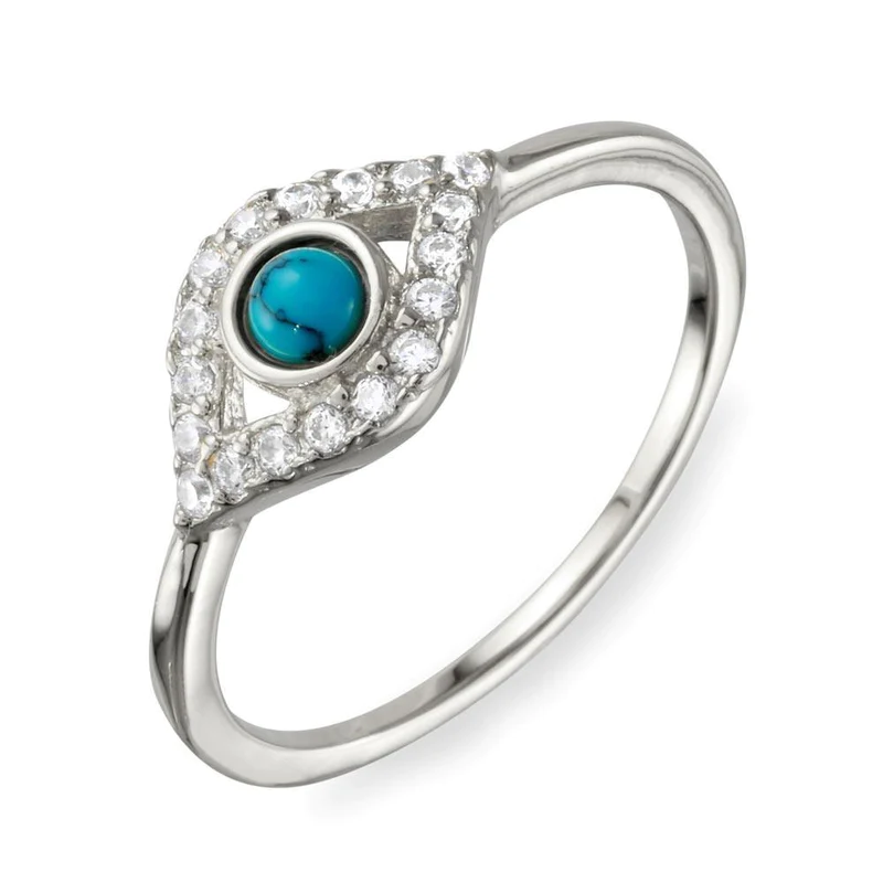 925 Sterling Silver Evil Eye Ring with CZ and Turquoise Bead Center