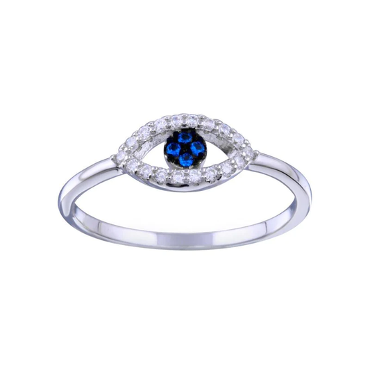 925 Sterling Silver CZ Studded Blue Evil Eye Ring