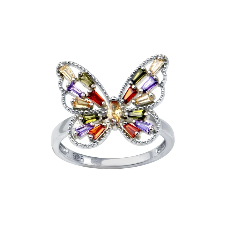 925 Sterling Silver Butterfly with Multi Color Baguette CZ Ring