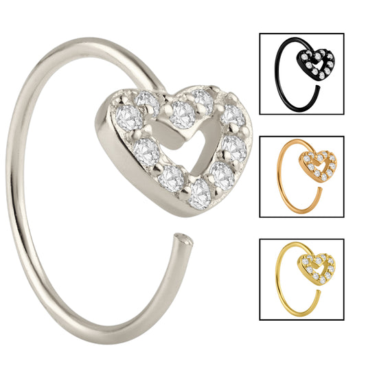 925 Sterling Silver CZ Heart Nose Hoop, 22g Thick 8mm Wide, Hypoallergenic, Nose Ring Jewelry, Sexy Jewelz, Los Angeles