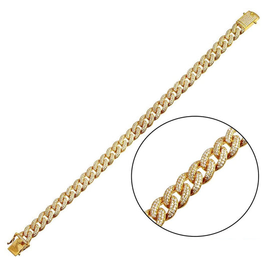 925 Sterling Silver Gold Plated CZ Studded Miami Cuban Link Bracelet 9.5mm width