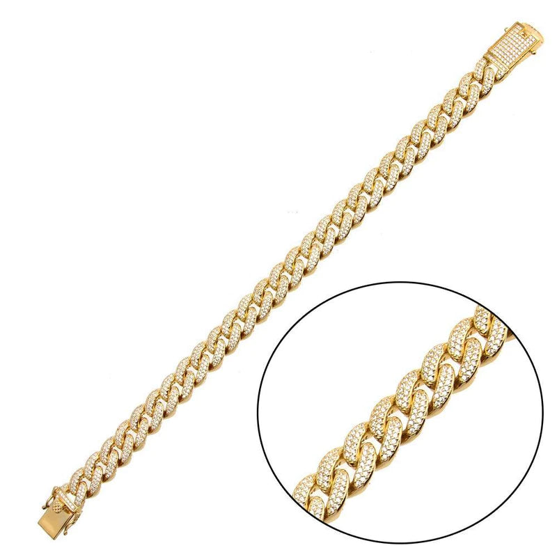 925 Sterling Silver Gold Plated CZ Studded Miami Cuban Link Bracelet 11.5mm width