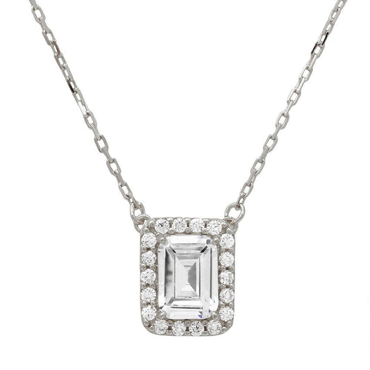 925 Sterling Silver Baguette CZ Halo Pendant Necklace