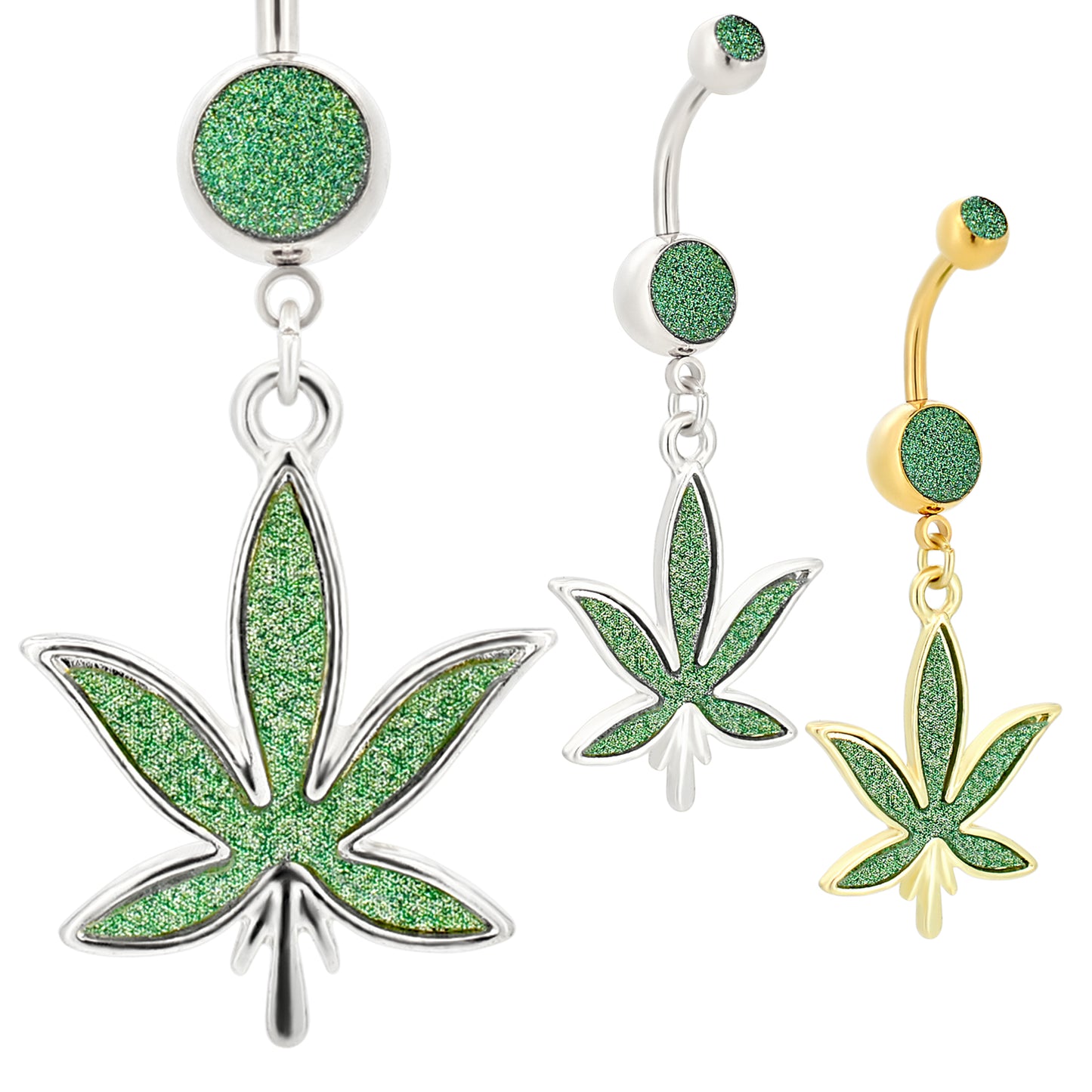  316L Stainless Steel Dangling Belly Ring, Marijuana Leaf Design, Sandpaper Texture, Bold Body Jewelry