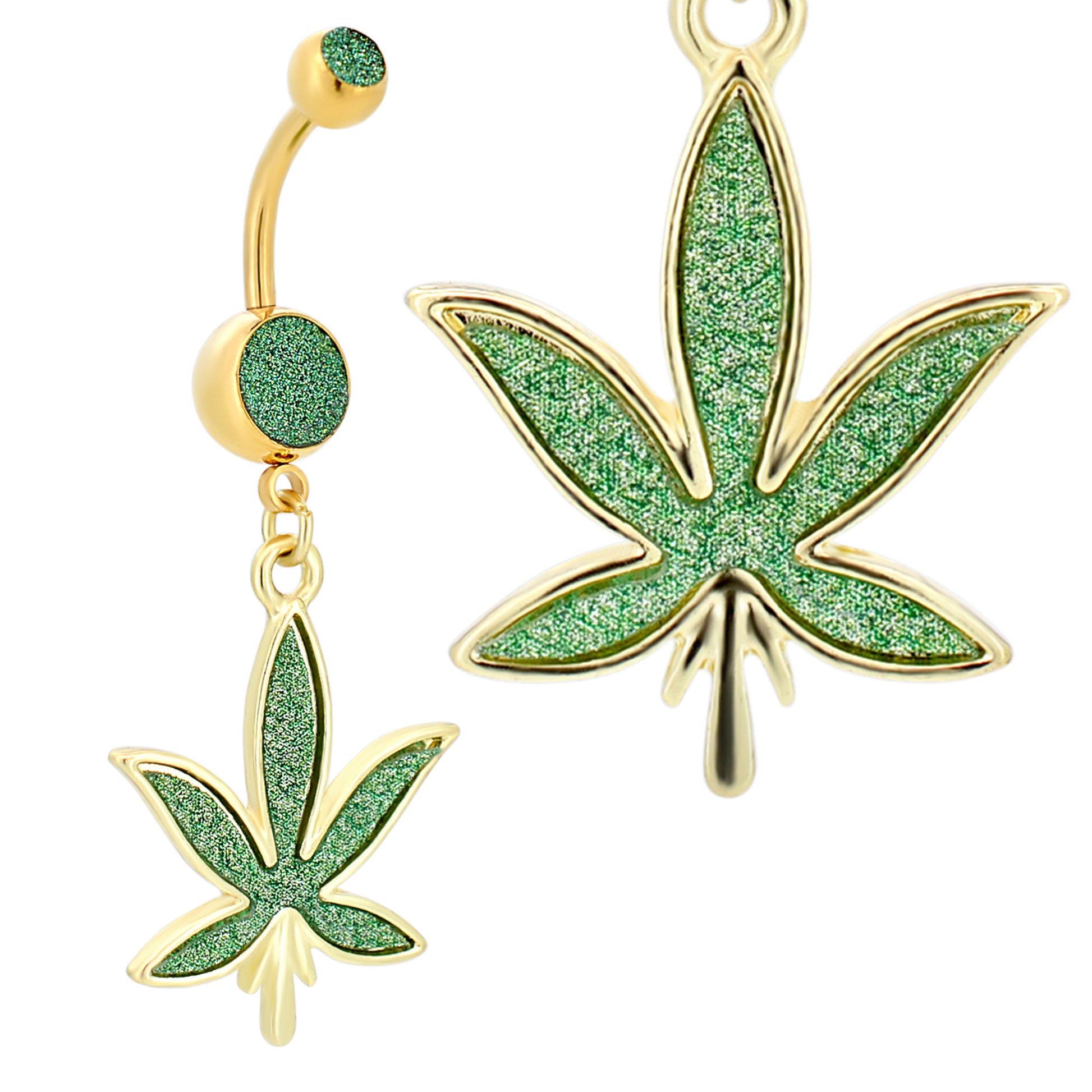  316L Stainless Steel Dangling Belly Ring, Marijuana Leaf Design, Sandpaper Texture, Bold Body Jewelry