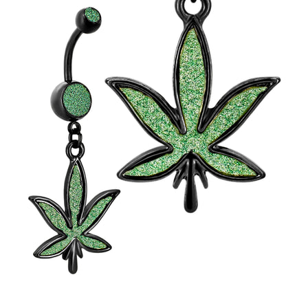  316L Stainless Steel Dangling Belly Ring, Marijuana Leaf Design