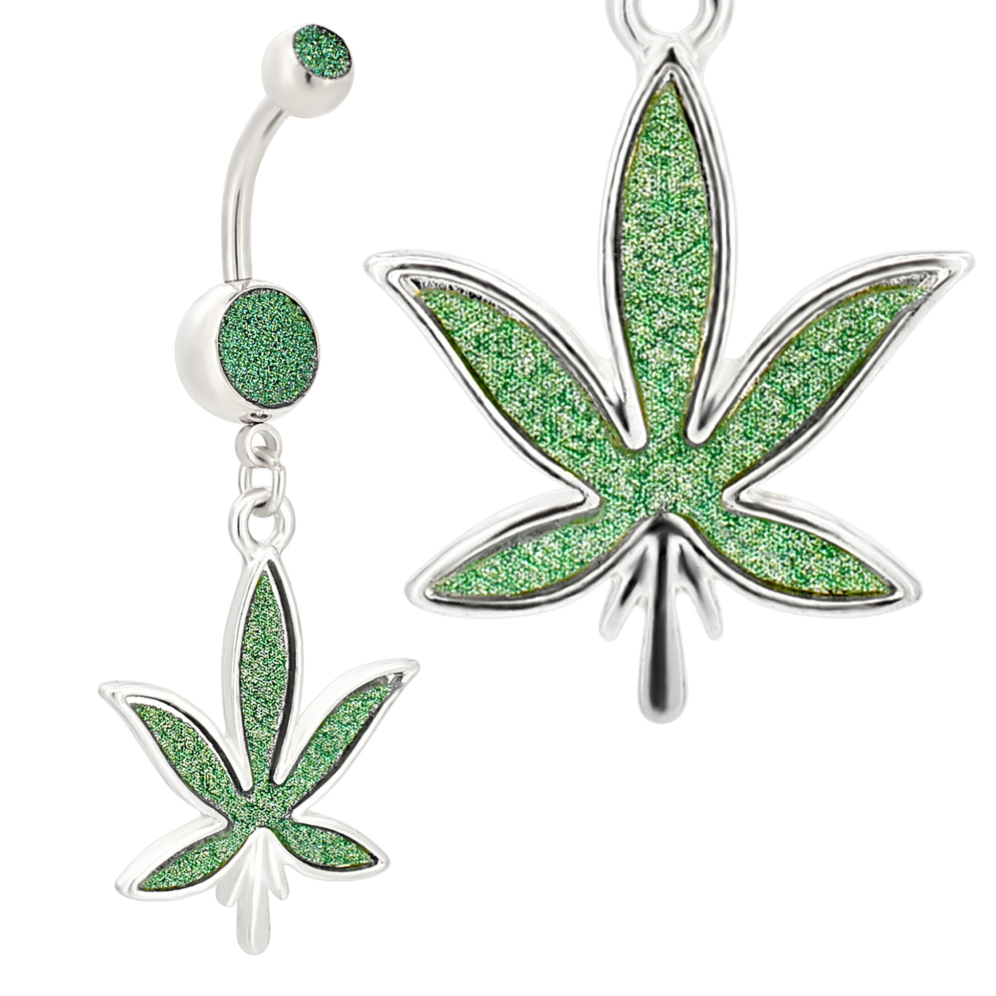  316L Stainless Steel Dangling Belly Ring, Marijuana Leaf Design, Sandpaper Texture, Bold Body Jewelry