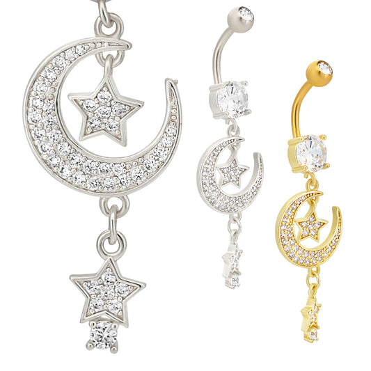 Stainless Steel Zircon Moon Stars Belly Ring, Dangling Navel Piercing Jewelry, Stainless Steel Zircon Body Jewelry