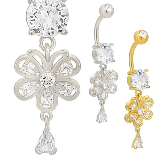 Stainless Steel Zircon Belly Ring, Dangling Flower & Pear Shaped Zircon, Navel Piercing Jewelry