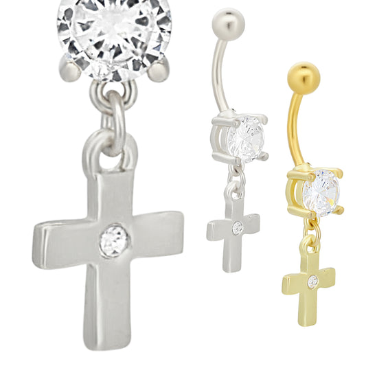 316L Stainless Steel Dangling Belly Ring, Plain Cross with Zircon Center, Trendy Navel Jewelry