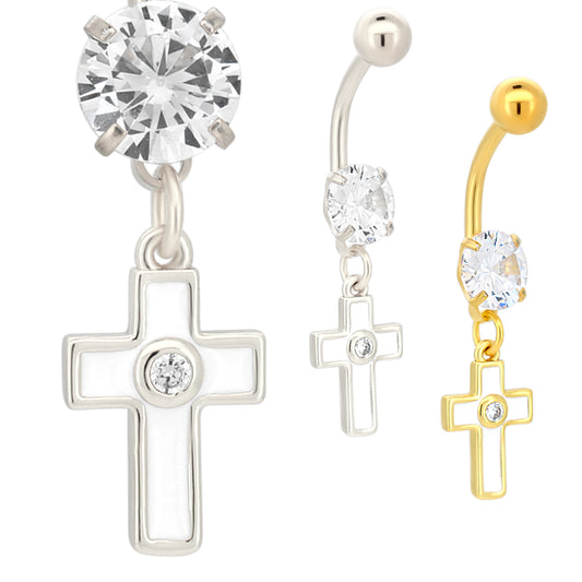 Belly Ring Jewelry 316L Stainless Steel Dangling Cross with Bezel Zircon Design