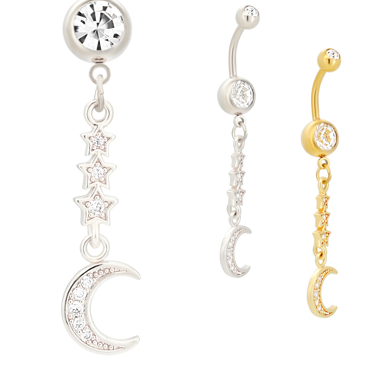 Stainless Steel Dangling Belly Ring, Triple Star & Crescent Moon with Zircon Design, Navel Jewelry