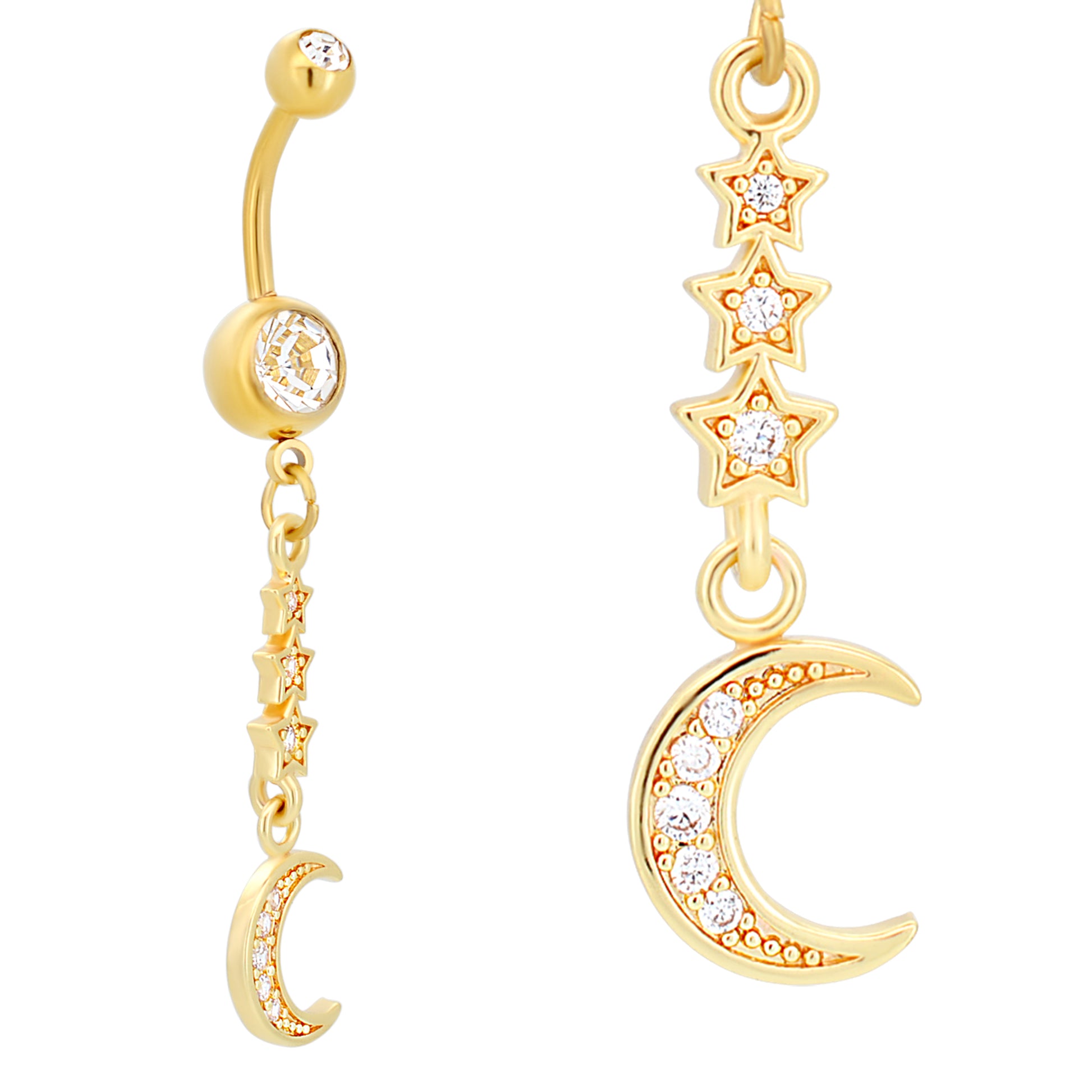 Stainless Steel Dangling Belly Ring, Triple Star & Crescent Moon with Zircon Design, Navel Jewelry