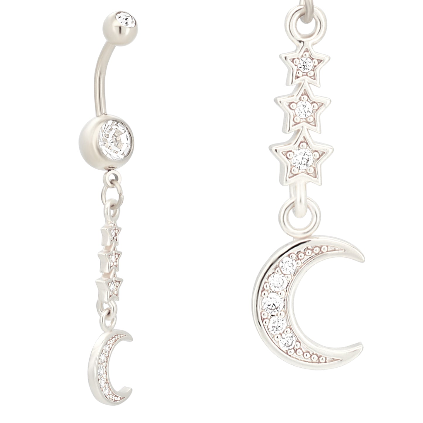 Stainless Steel Dangling Belly Ring, Triple Star & Crescent Moon with Zircon Design, Navel Jewelry