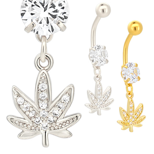 Dangling Marijuana Leaf Zircon Belly Ring, 316L Stainless Steel Weed Navel Jewelry, Unique Design