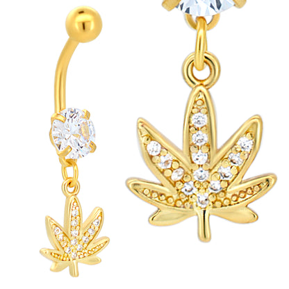 Dangling Marijuana Leaf Zircon Belly Ring, 316L Stainless Steel Weed Navel Jewelry, Unique Design