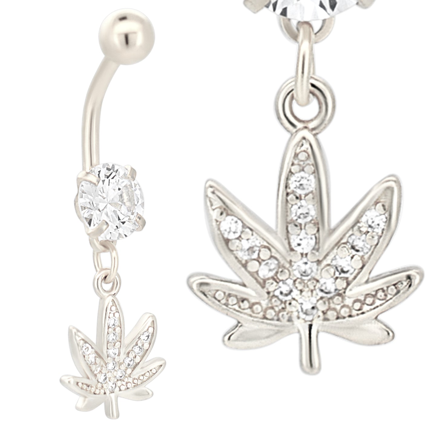 Dangling Marijuana Leaf Zircon Belly Ring, 316L Stainless Steel Weed Navel Jewelry, Unique Design