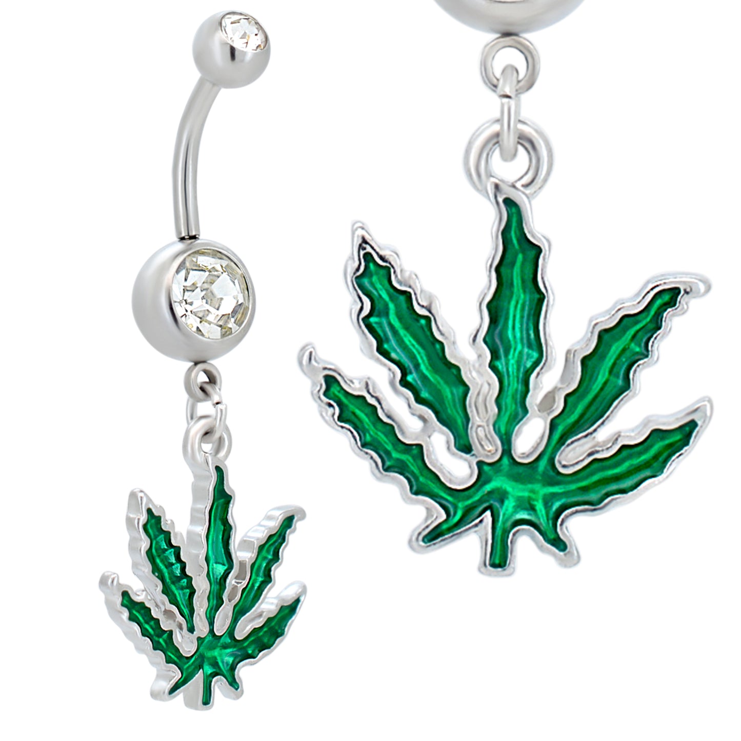 316L Stainless Steel Dangling Marijuana Green Enamel Design Belly Ring