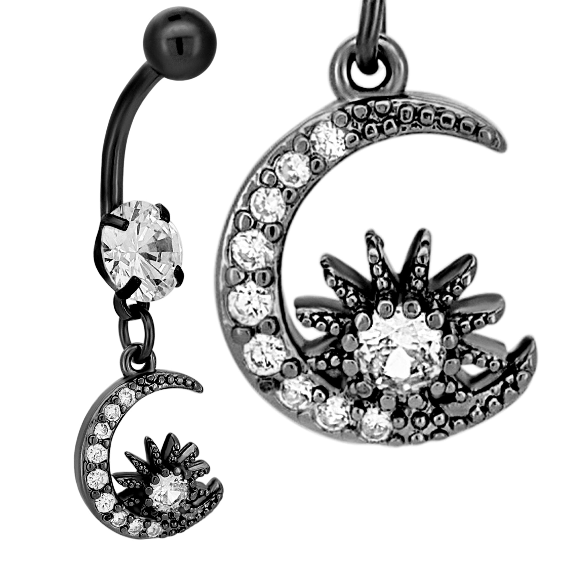 Stainless Steel Dangling Belly Ring, Moon and Sun Zircon Design, Statement Navel Piercing, Hypoallergenic, Gift for Her