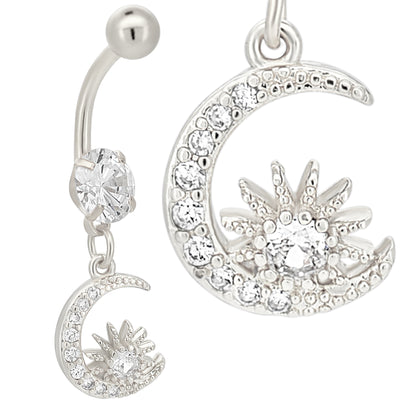 Stainless Steel Dangling Belly Ring, Moon and Sun Zircon Design, Statement Navel Piercing, Hypoallergenic, Gift for Her