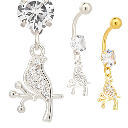 316L Stainless Steel Dangling Bird on Branch with CZ Belly Ring