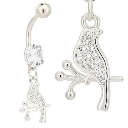 316L Stainless Steel Dangling Bird on Branch with CZ Belly Ring