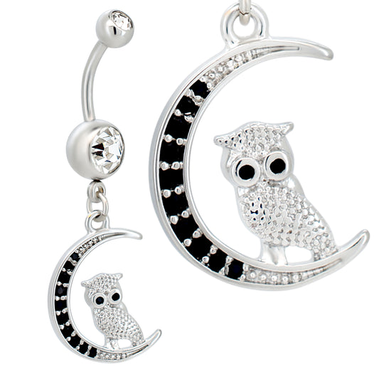 316L Stainless Steel Dangling Owl on Crescent Moon with CZ Belly Ring