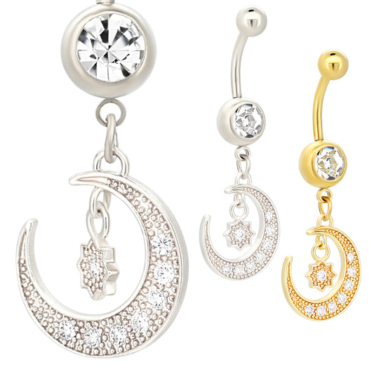 316L Stainless Steel Round Zircon with Dangling Moon and Starburst with Zircon Belly Ring