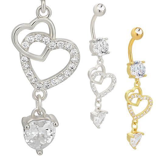 Dangling Hollow Heart Belly Ring with Zircon Hearts, 316L Stainless Steel, Heart Shaped Zircon, Body Piercing Jewelry