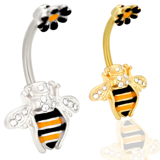 316L Stainless Steel Bee Flower Banana Belly Navel Ring, Insect Jewelry, Nature Inspired Gift