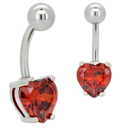 Heart Shaped CZ Banana Belly Bar, 316L Stainless Steel Navel Ring, Prong Set Gemstone Piercing, Stylish Body Jewelry