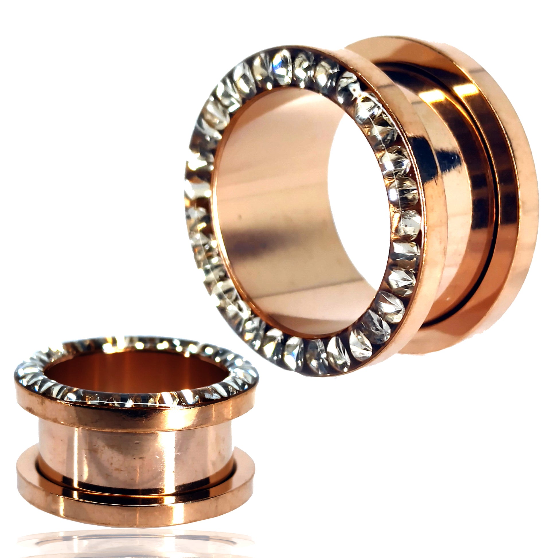 Rose Gold Plated Zircon Screw On Plug, Surgical Steel Gauges, Oil Coating Body Jewelry, Sexy Jewelz, Los Angeles