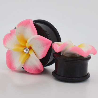 Hawaiian Flower Acrylic Ear Gauges, Pink and White Ear Plugs, O-ring Design, Ear Stretchers, Tropical Jewelry