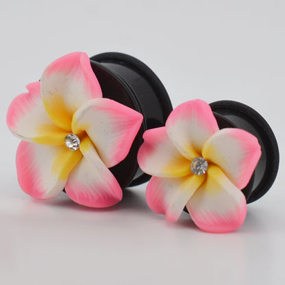 Hawaiian Flower Acrylic Ear Gauges, Pink and White Ear Plugs, O-ring Design, Ear Stretchers, Tropical Jewelry