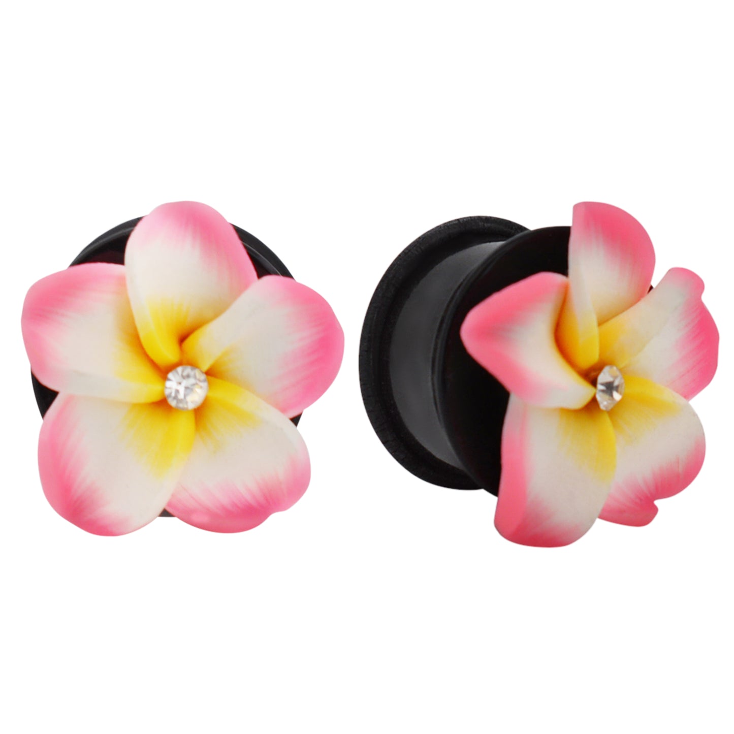 Hawaiian Flower Acrylic Ear Gauges, Pink and White Ear Plugs, O-ring Design, Ear Stretchers, Tropical Jewelry